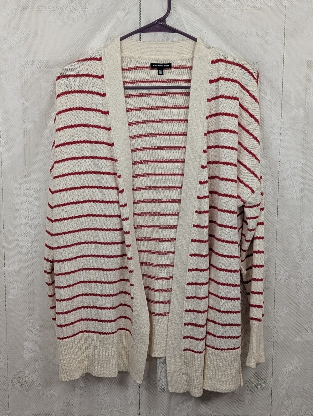 Who What Wear: Cream/Red Striped Open-Front Cardigan - Size XS